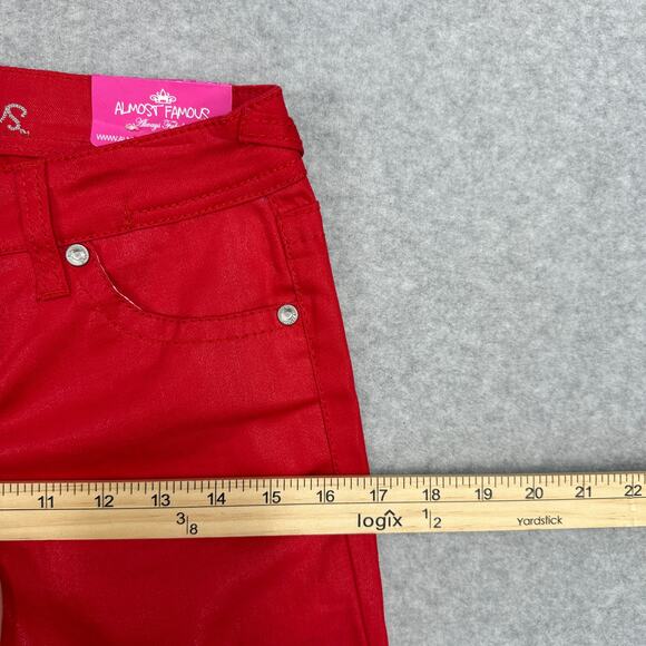 Almost Famous Coated Skinny Jeans Sz 3 Red Low-Rise Stretch Sheen Y2K Glam Denim - Picture 9 of 12